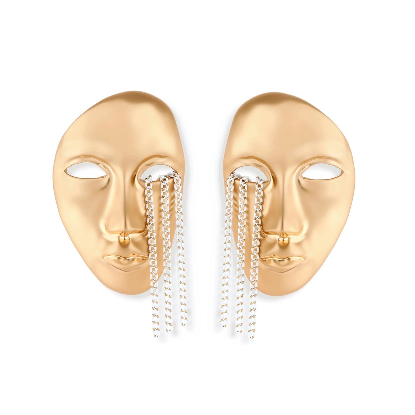 Sculptural face-shaped earrings with flowing chain tassels in polished eco-zinc alloy with sterling silver posts