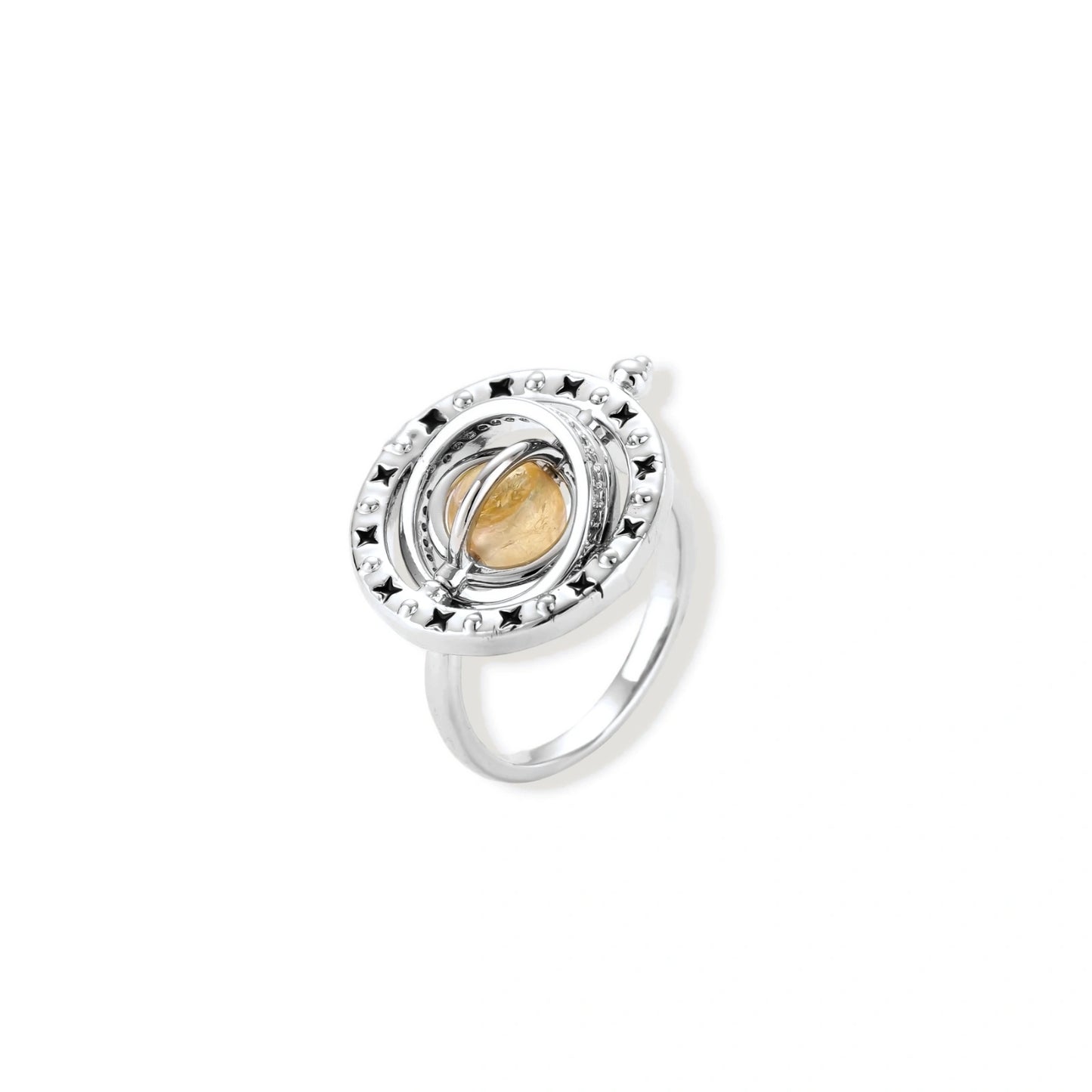 Complete jewelry set featuring citrine stone chips, silver beads, and cosmic circle pendants on cream background.