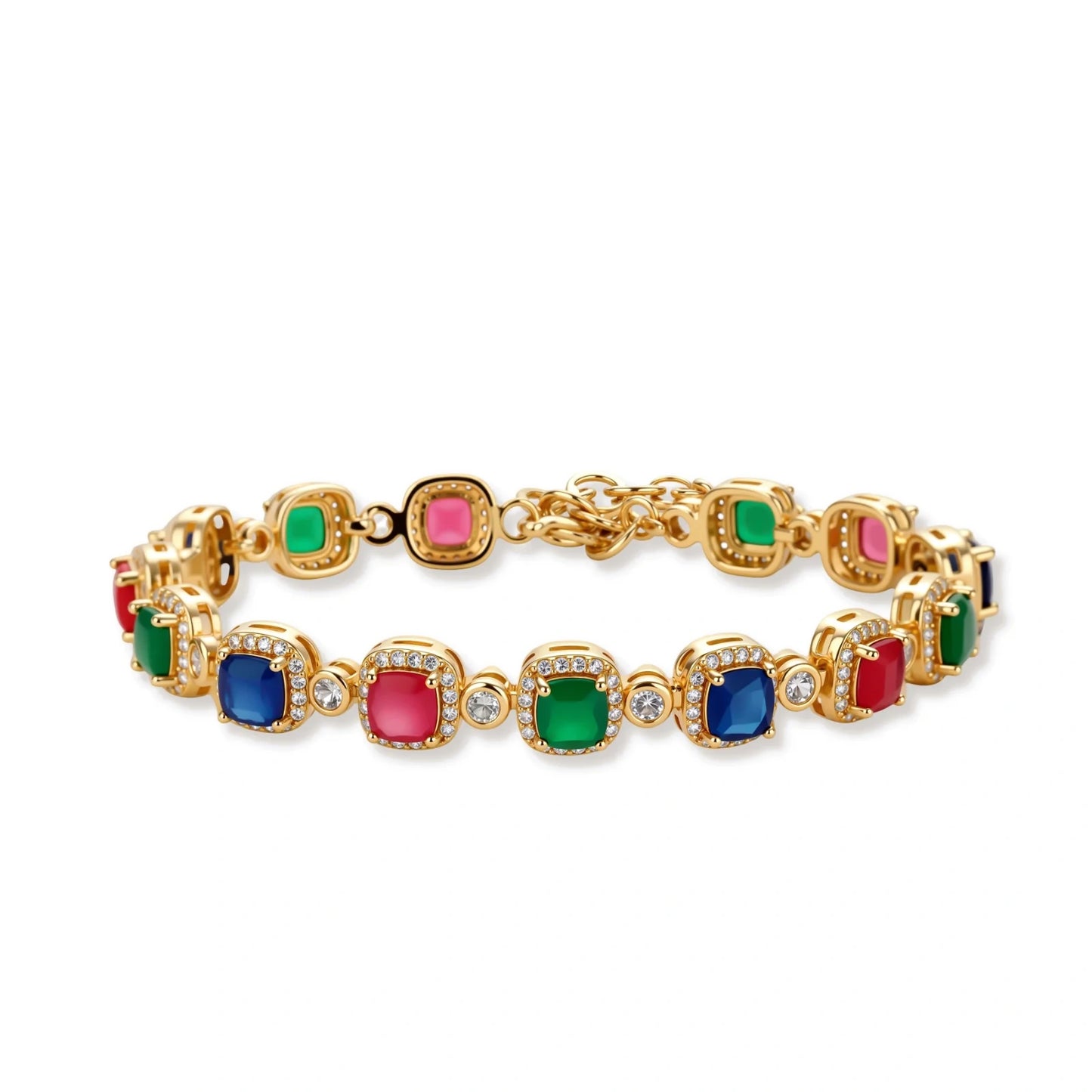 Gold-plated jewelry set with red, green, and blue cubic zirconia stones including necklace, bracelet, and drop earrings.