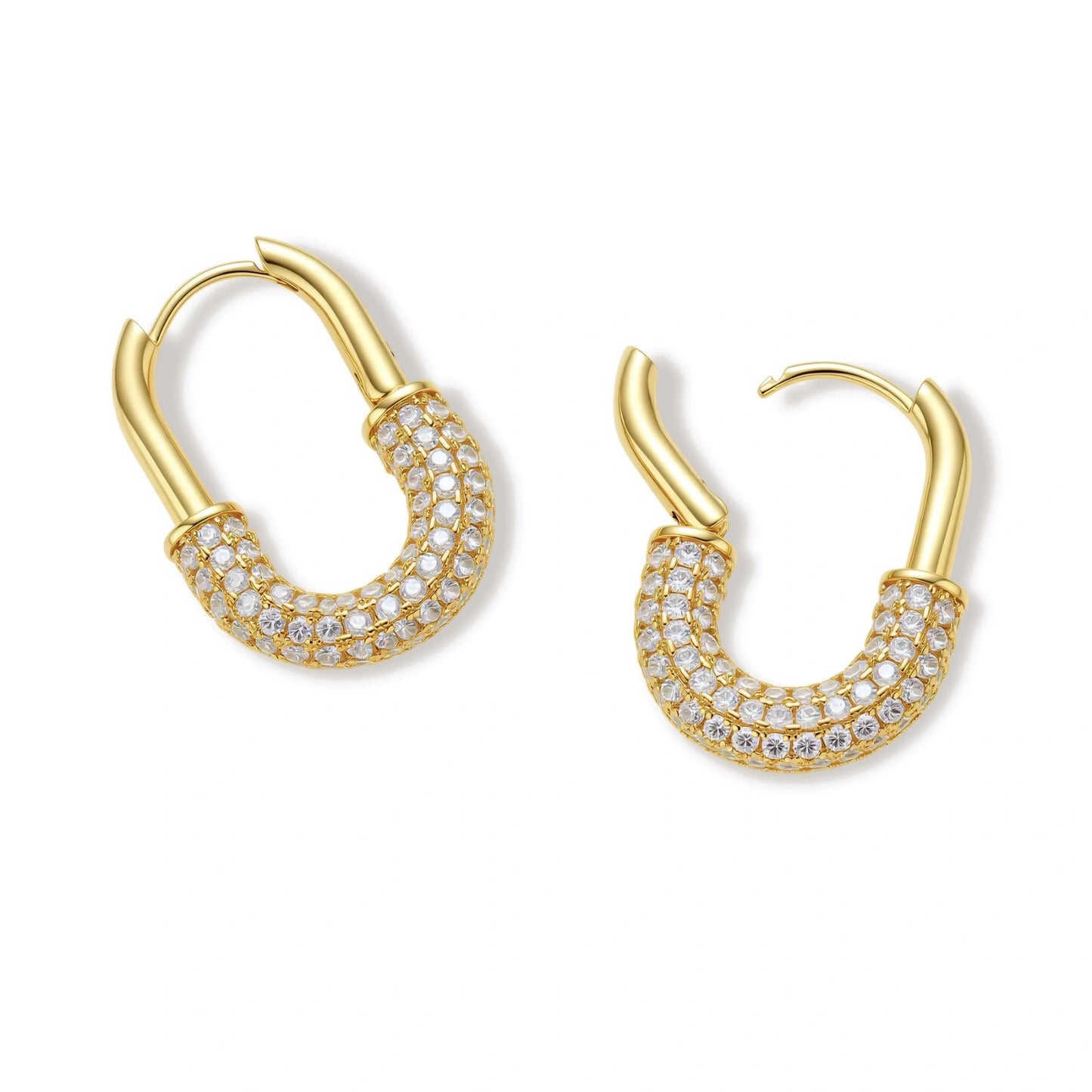 Gold-plated huggie hoop earrings with pavé zirconia stones covering the bottom curve, shown in open and closed positions.