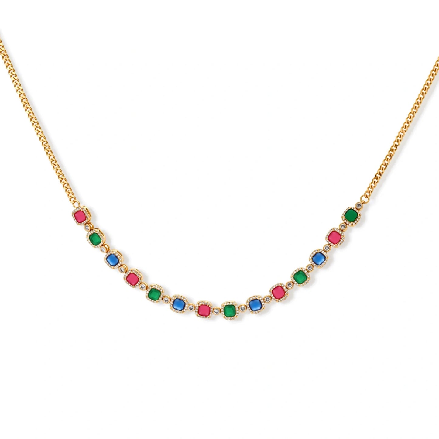 Gold-plated jewelry set with red, green, and blue cubic zirconia stones including necklace, bracelet, and drop earrings.