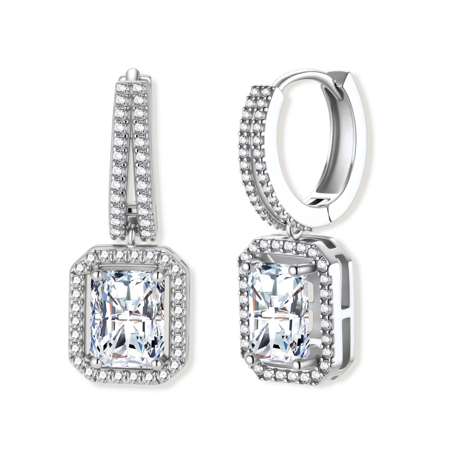 Sterling silver huggie hoops with emerald-cut moissanite drops featuring pavé-set crystals on white background.