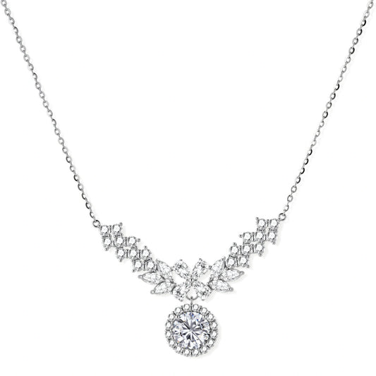 Elegant sterling silver necklace featuring intricate wing-like design with brilliant moissanite stones on neutral background.