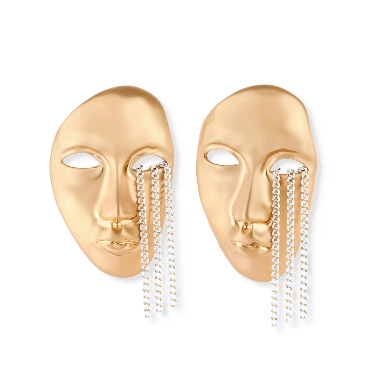 Sculptural face-shaped earrings with flowing chain tassels in polished eco-zinc alloy with sterling silver posts