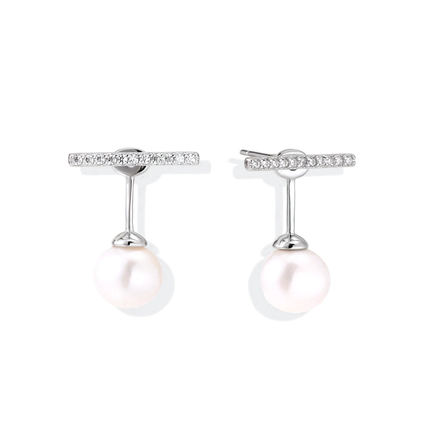 Rhodium-plated sterling silver ear jacket earrings with diamond-set horizontal bar and freshwater pearl drop
