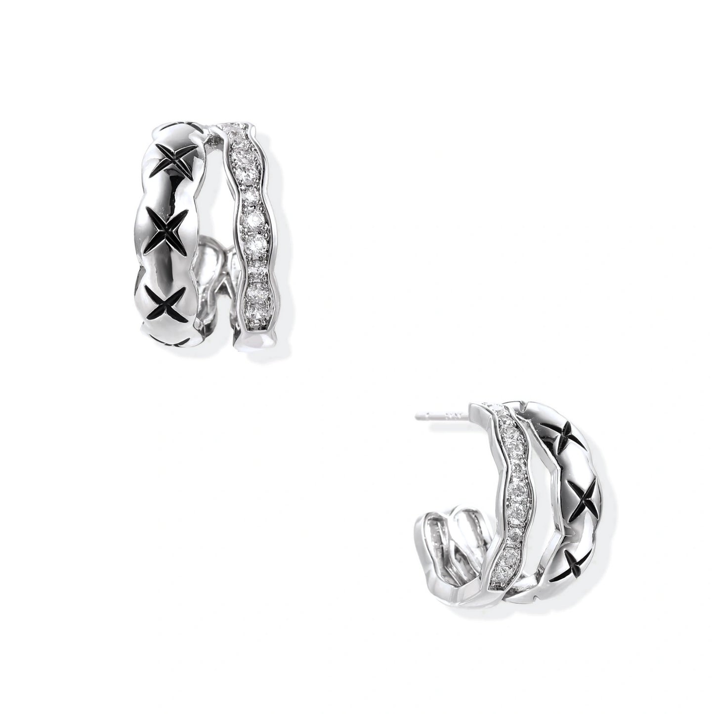 Triple-row white gold hoops with black X-pattern, twisted band, and pavé zirconia stones on white background.