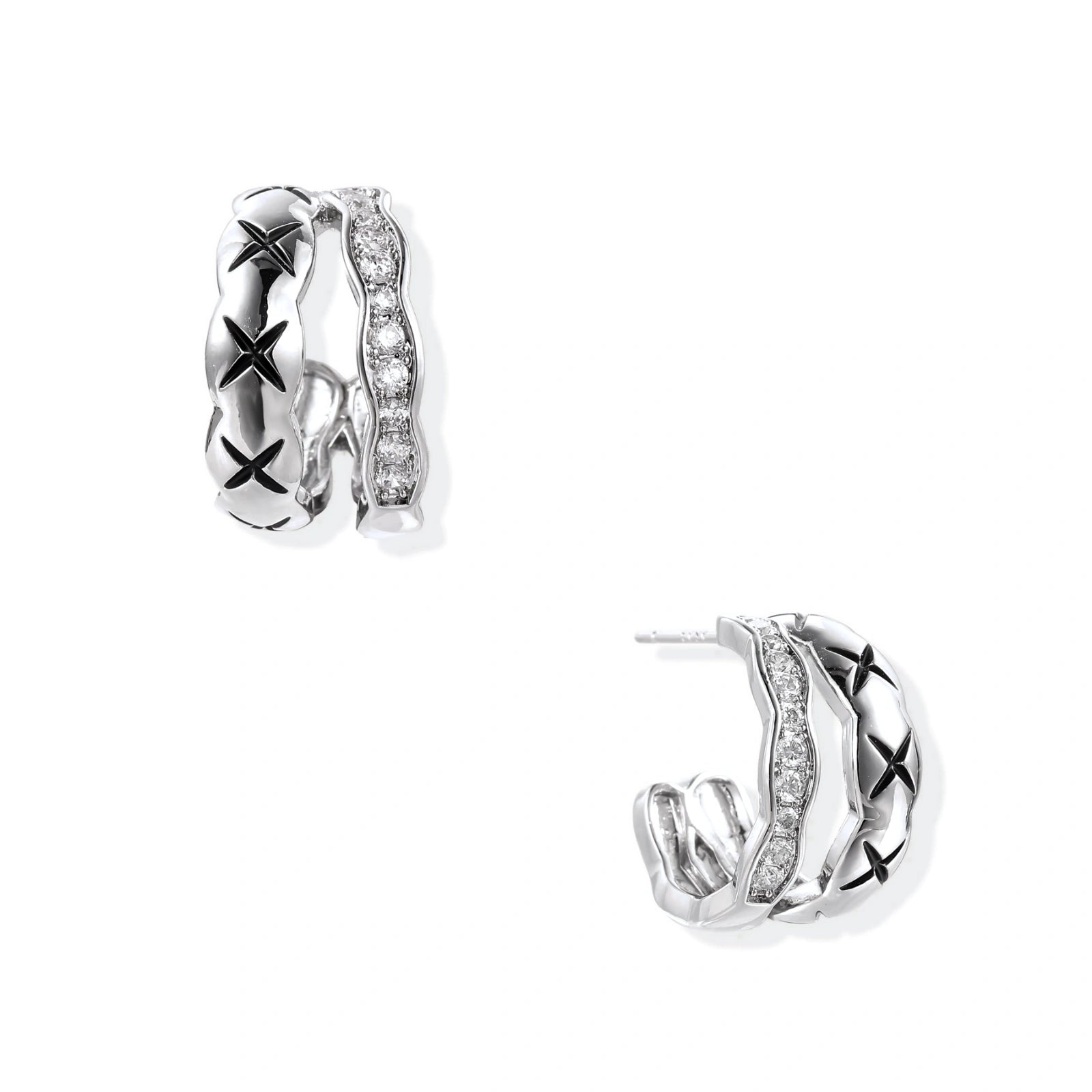 Triple-row white gold hoops with black X-pattern, twisted band, and pavé zirconia stones on white background.