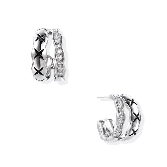 Triple-row white gold hoops with black X-pattern, twisted band, and pavé zirconia stones on white background.