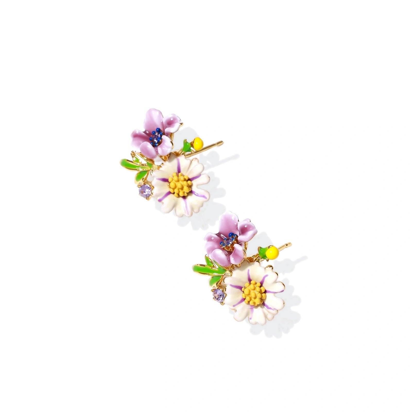 Cluster-style stud earrings with purple pansies, white daisies, yellow centers, and green leaves in glossy enamel finish