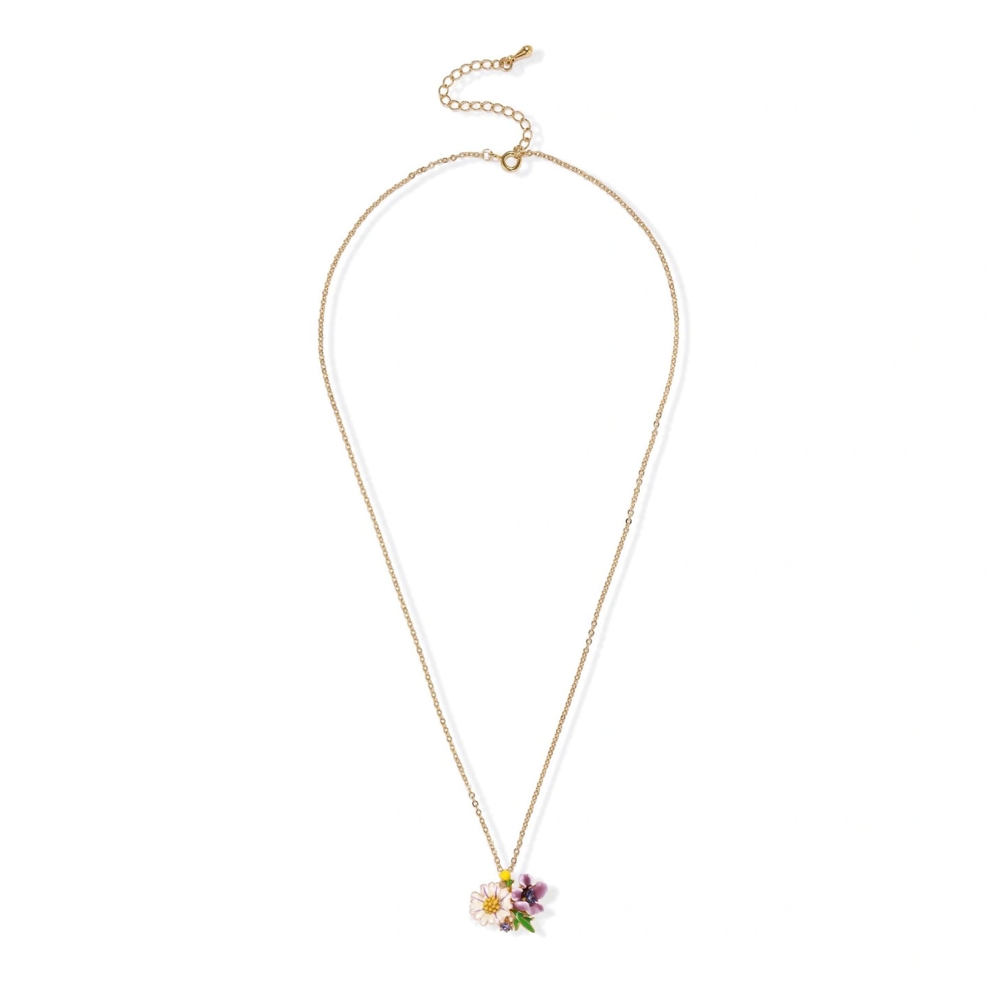 Gold-plated necklace with pink and purple enamel flower pendant featuring crystal accents on cream background