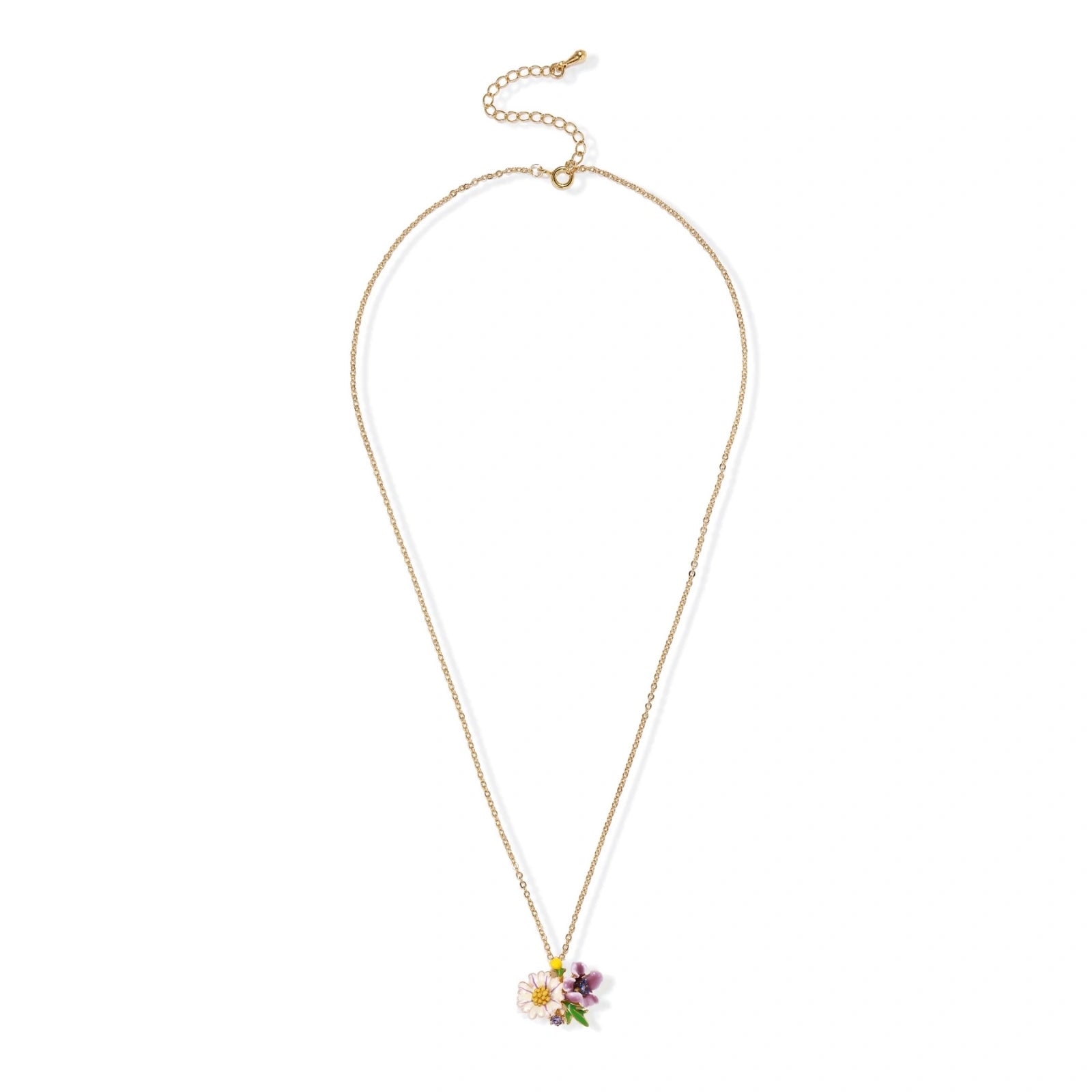 Gold-plated necklace with pink and purple enamel flower pendant featuring crystal accents on cream background