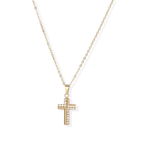 Gold-plated stainless steel cross necklace with crystal embellishments on adjustable chain against light background.