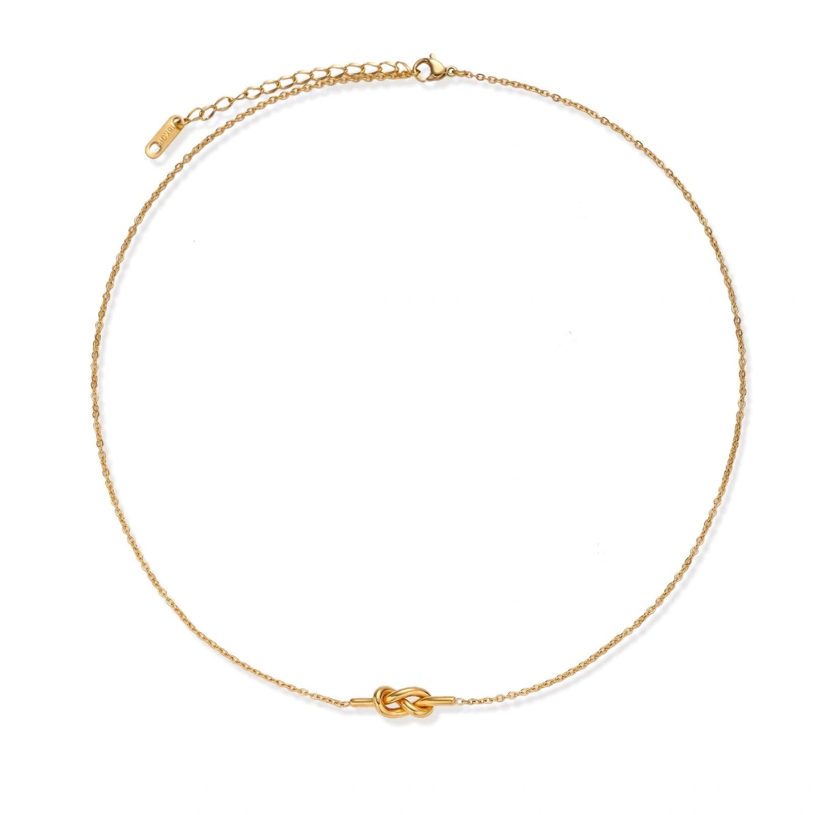 Dainty 18K gold plated necklace with infinity knot pendant on delicate chain against white background