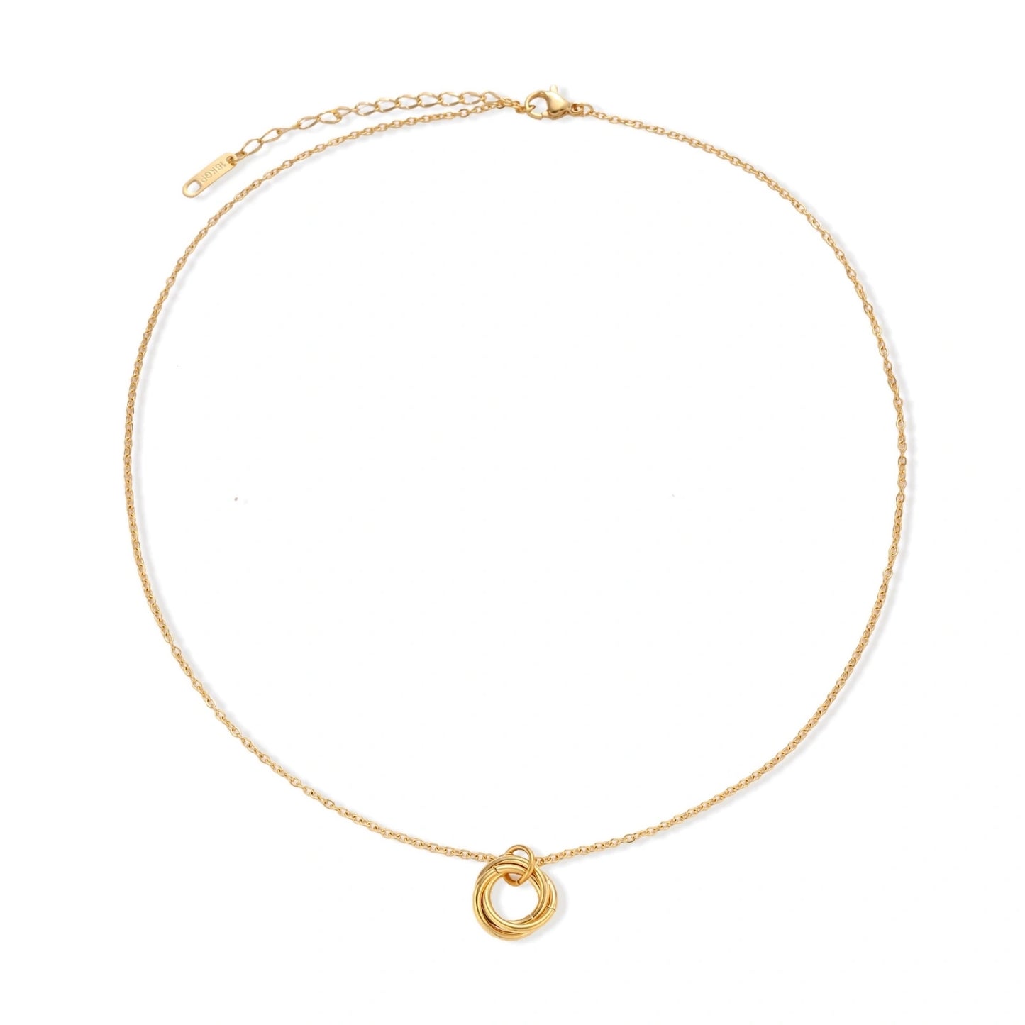 Delicate gold-plated necklace with three interlocking circle rings forming a minimalist knot pendant on cream background
