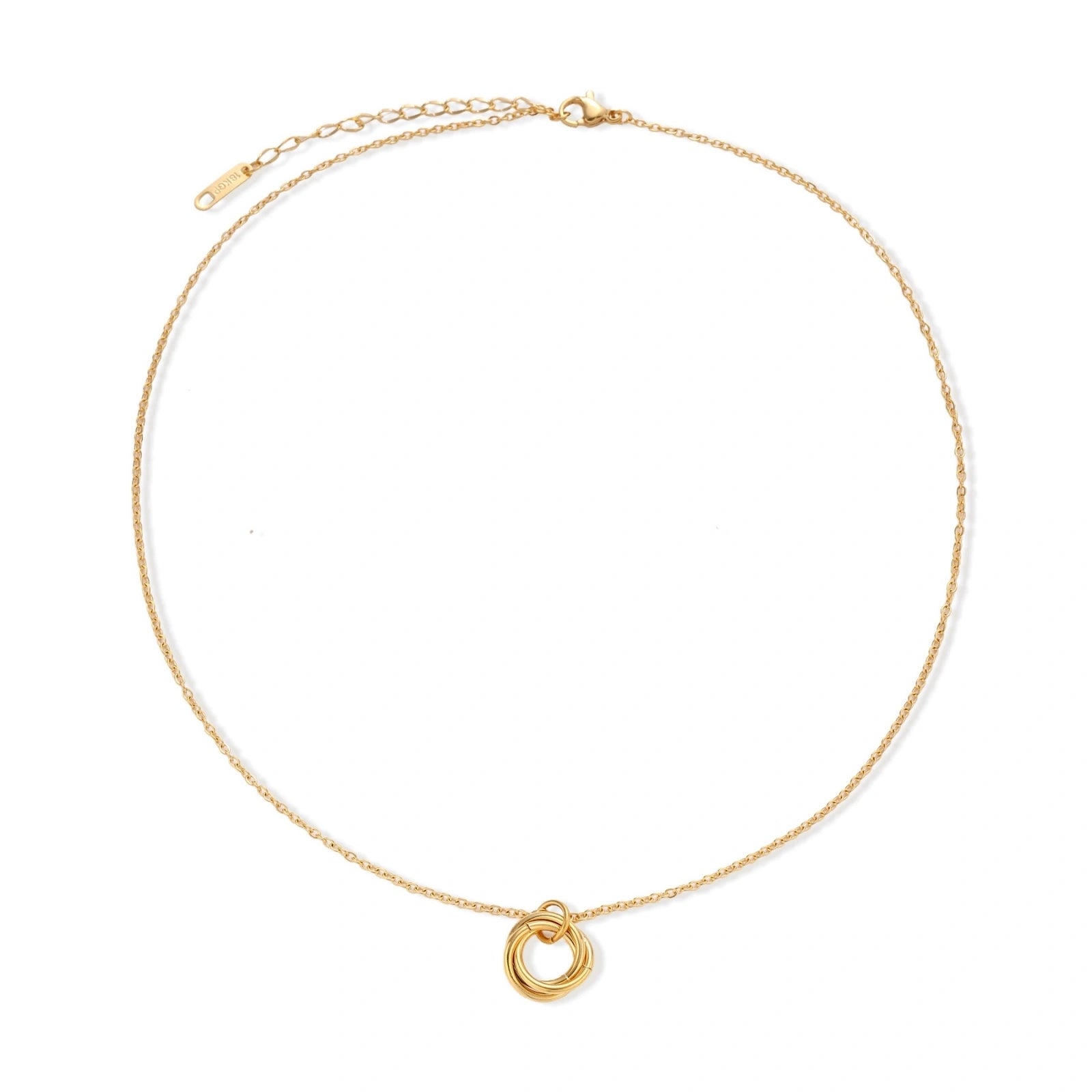 Delicate gold-plated necklace with three interlocking circle rings forming a minimalist knot pendant on cream background