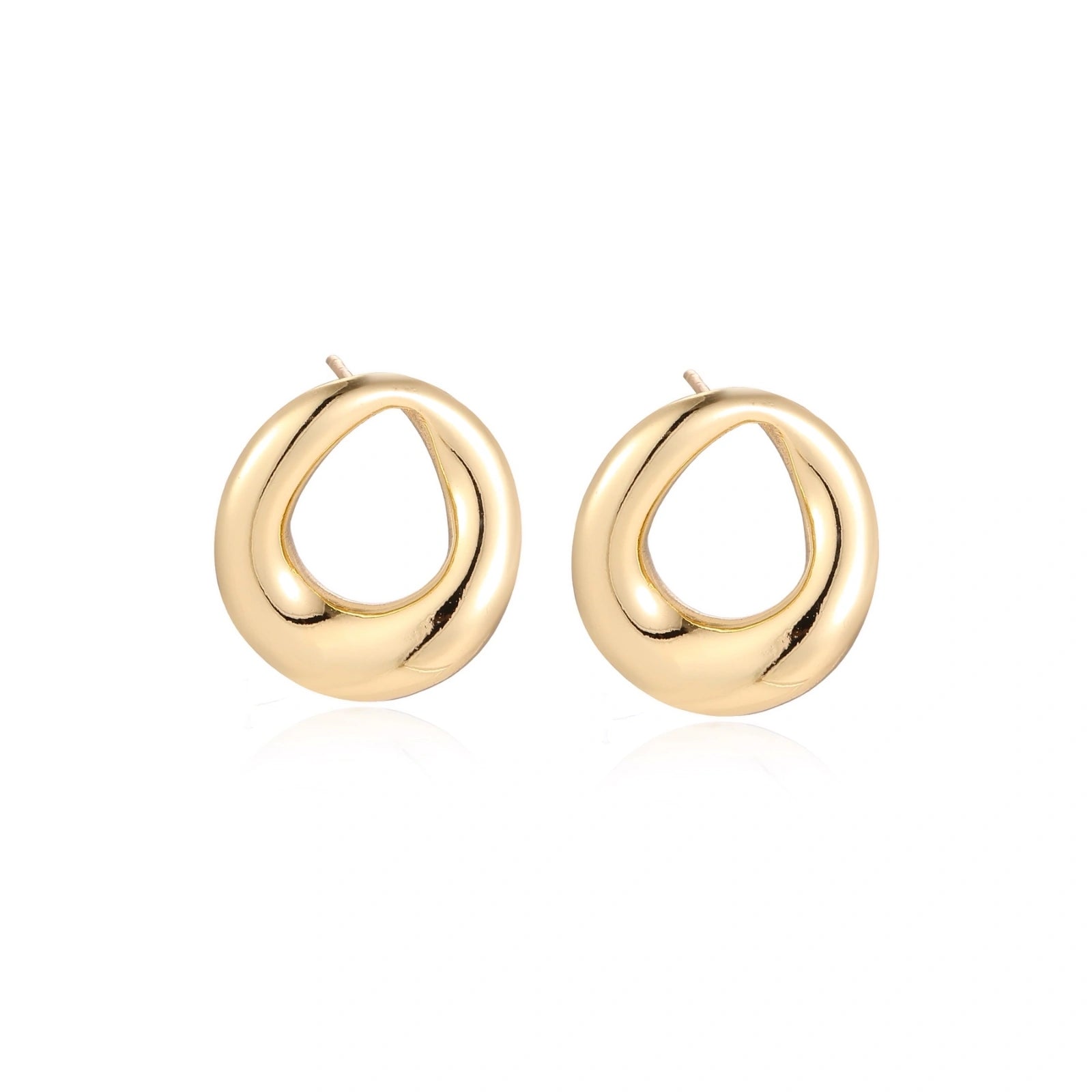 Pair of polished 18K gold-plated stainless steel teardrop earrings with hollow centers on cream background