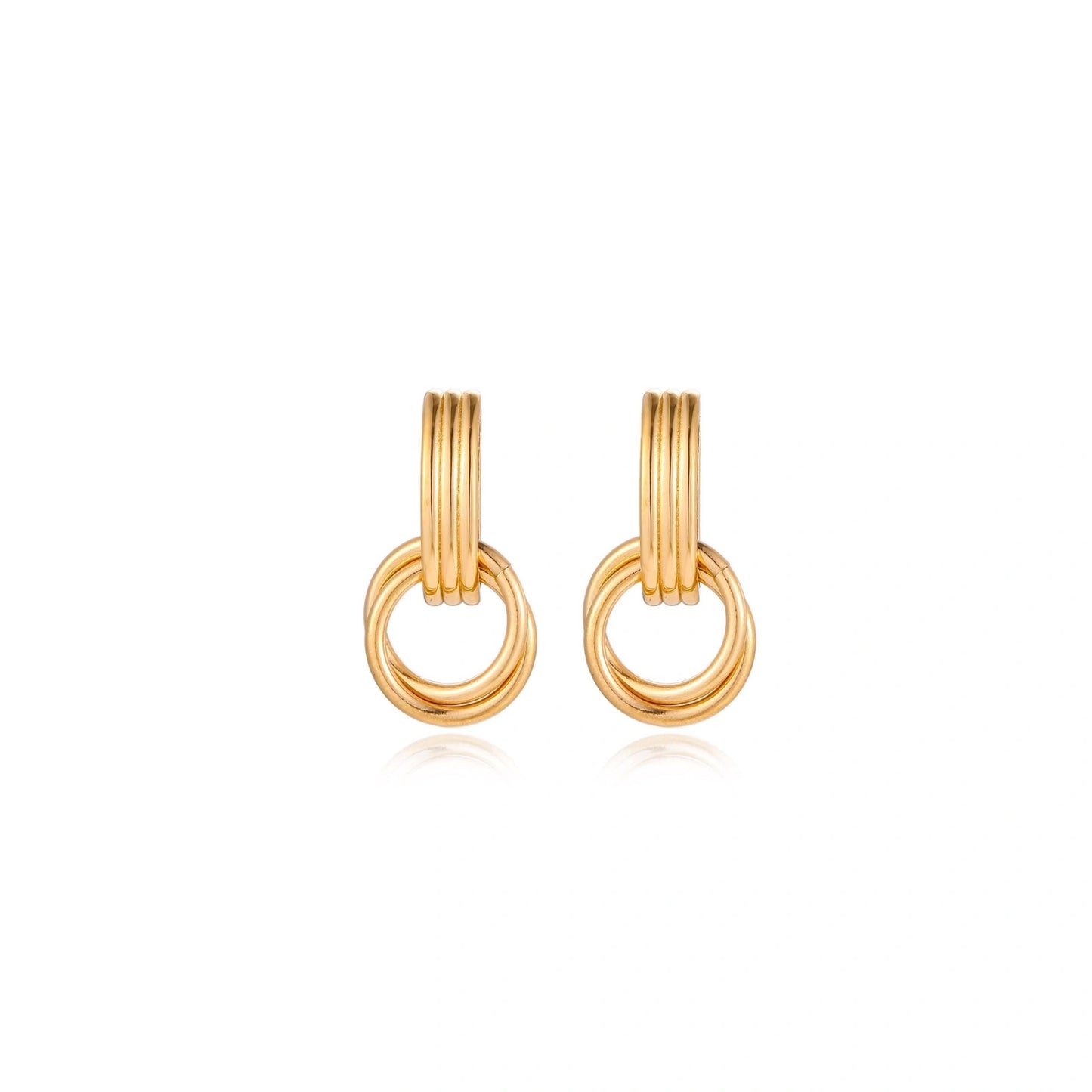 Gold stud earrings with vertical ridged bar connecting to triple interlocking circular rings on white background