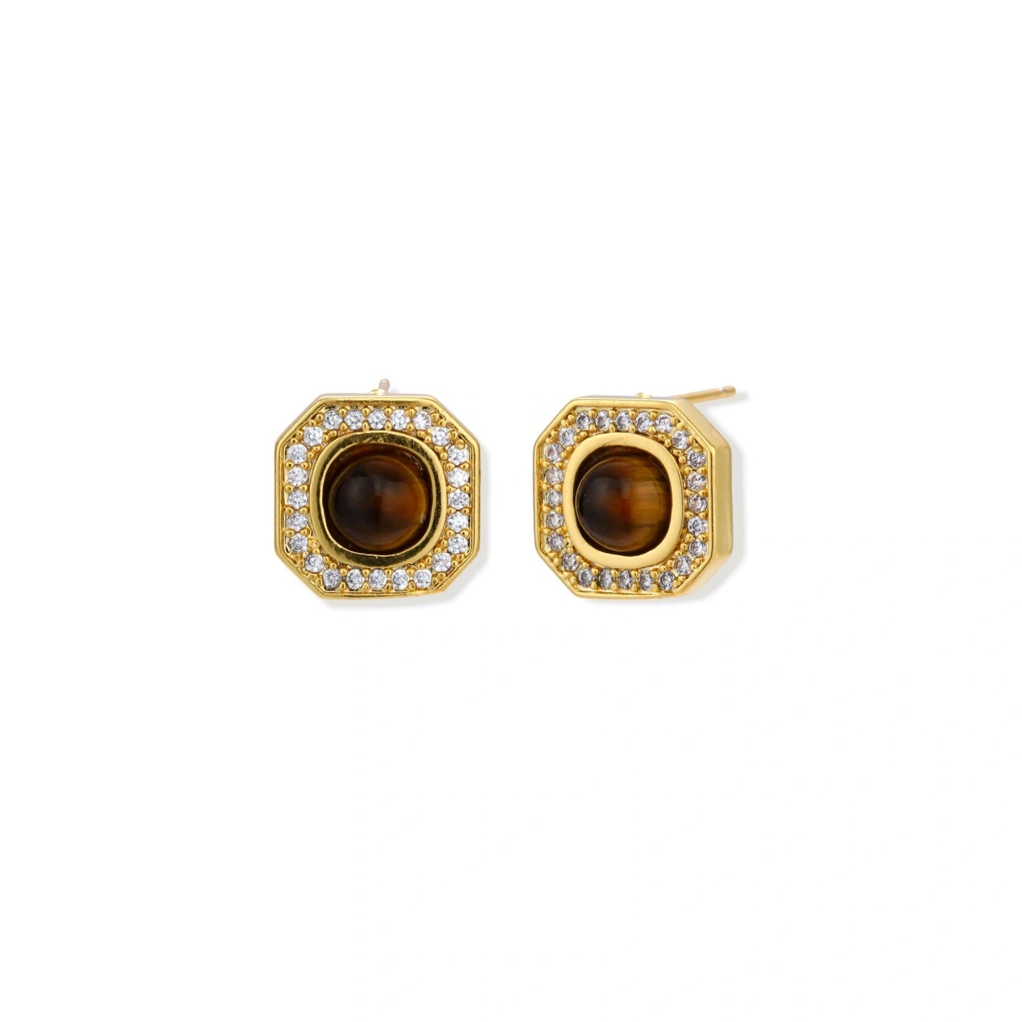 Gold-plated octagonal stud earrings with brown tiger's eye centers and cubic zirconia border on cream background.