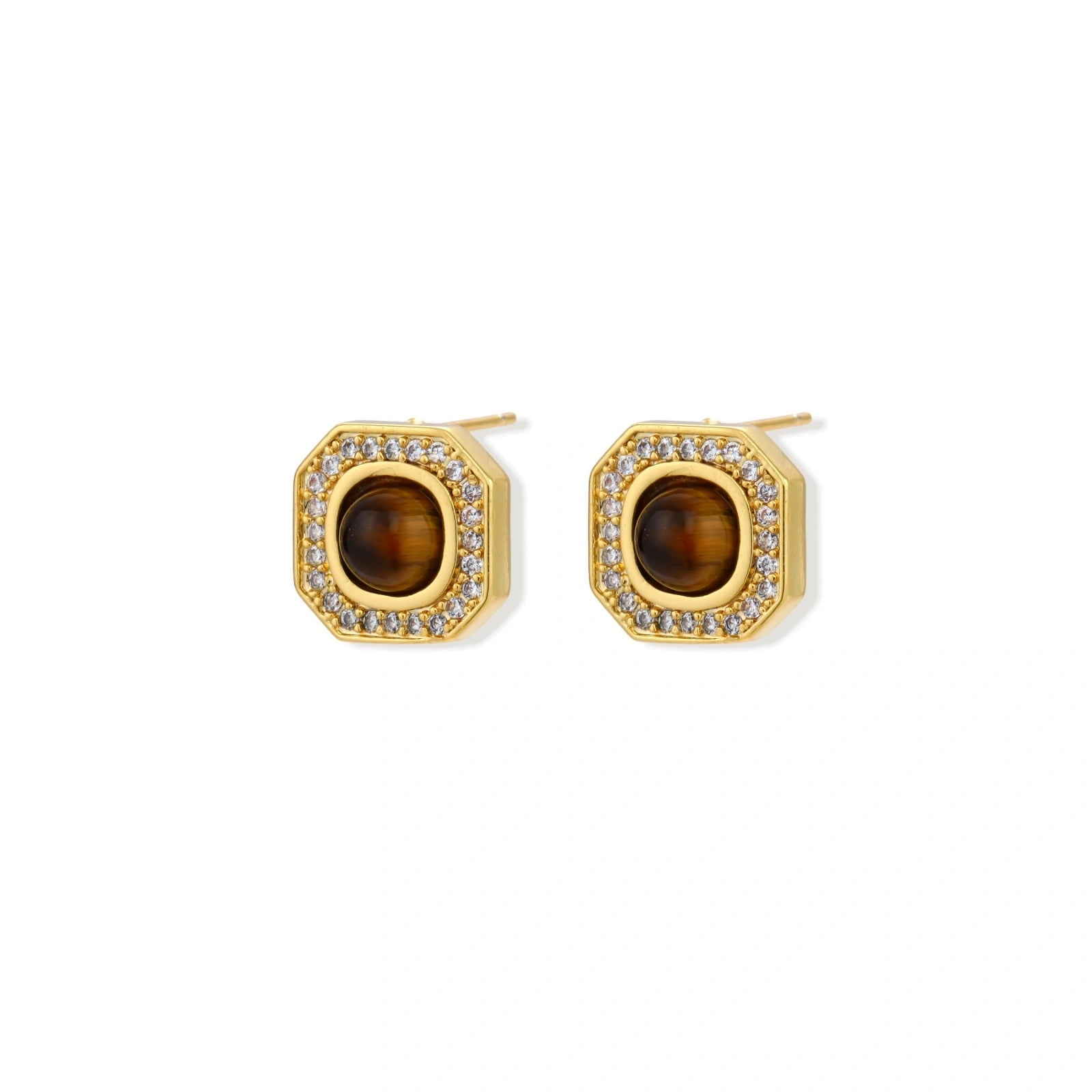 Gold-plated octagonal stud earrings with brown tiger's eye centers and cubic zirconia border on cream background.