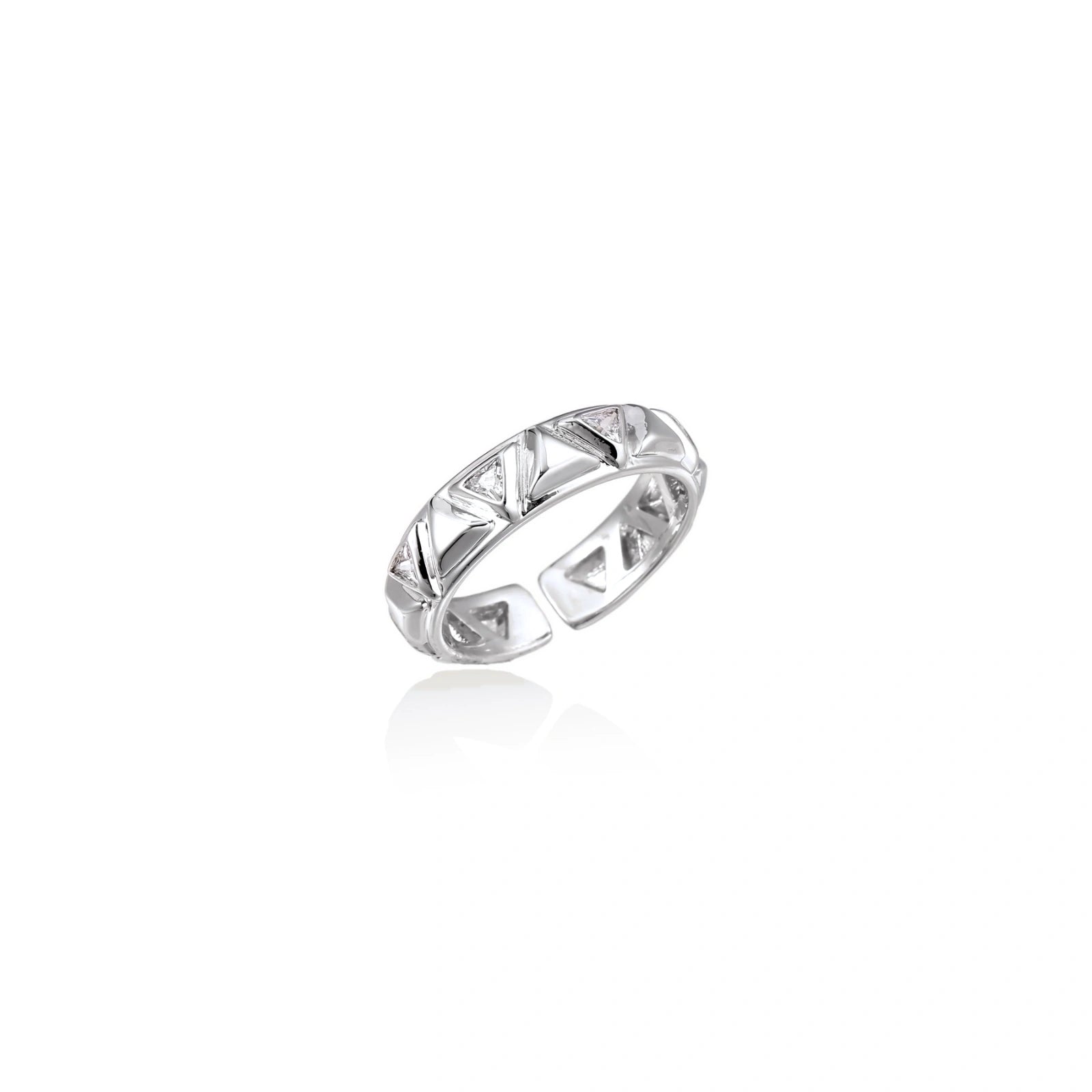 White gold adjustable ring with geometric triangle cutouts and zirconia stones on cream background