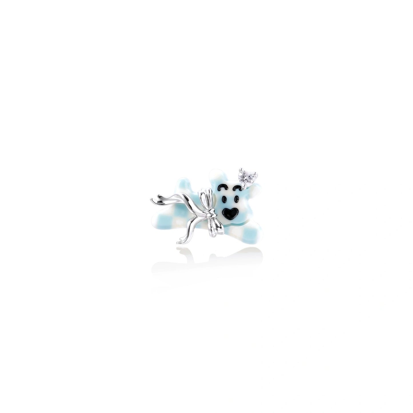 Adjustable white gold-plated ring with 3D blue enamel puppy wearing crystal crown on beige background