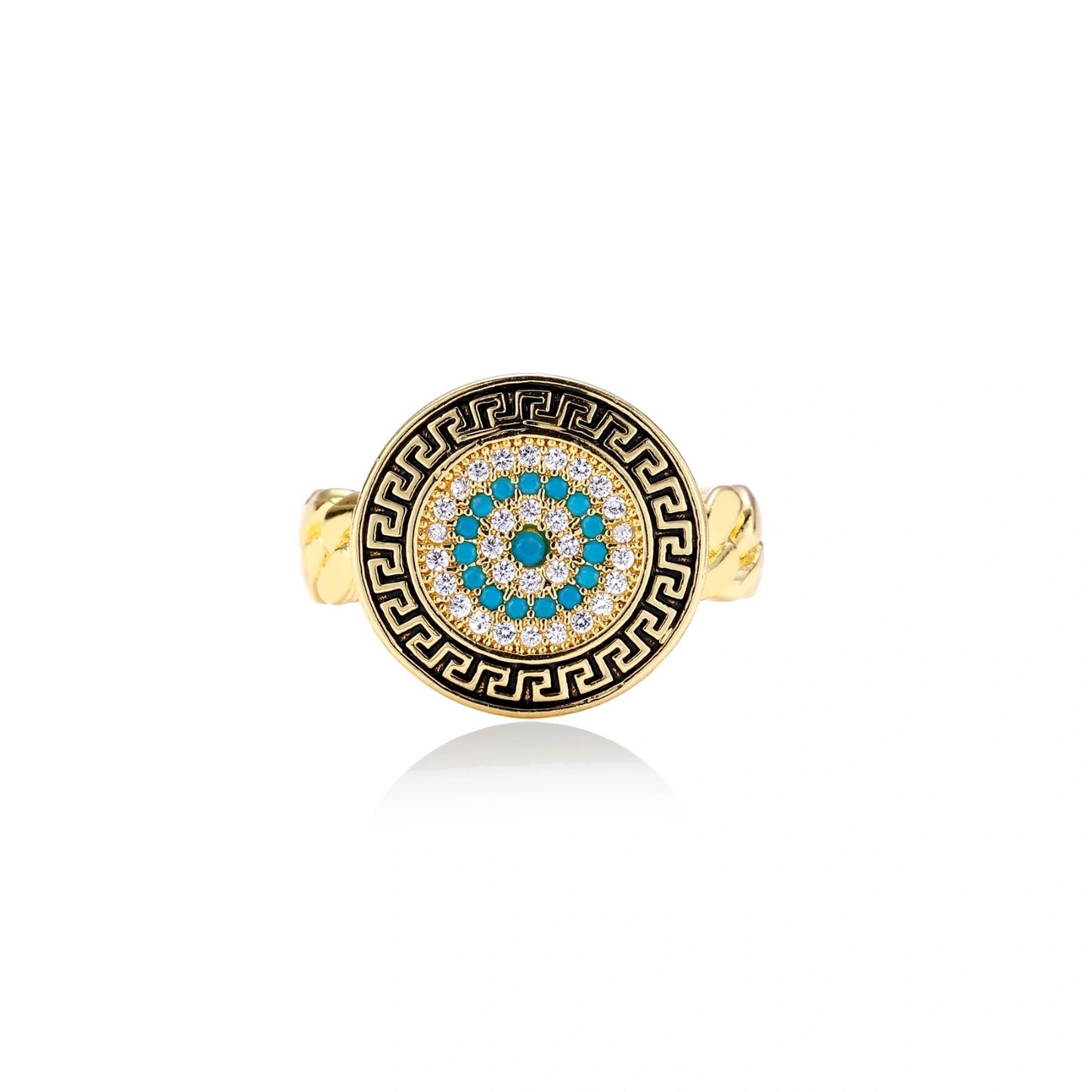 Gold chain ring with Greek key border and turquoise evil eye center on white background