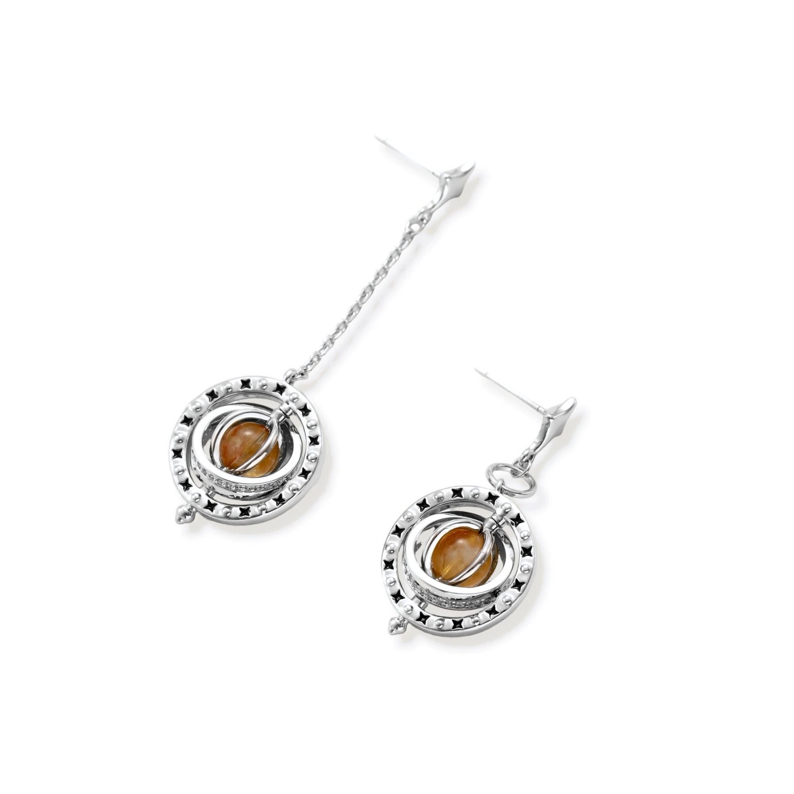 Complete jewelry set featuring citrine stone chips, silver beads, and cosmic circle pendants on cream background.
