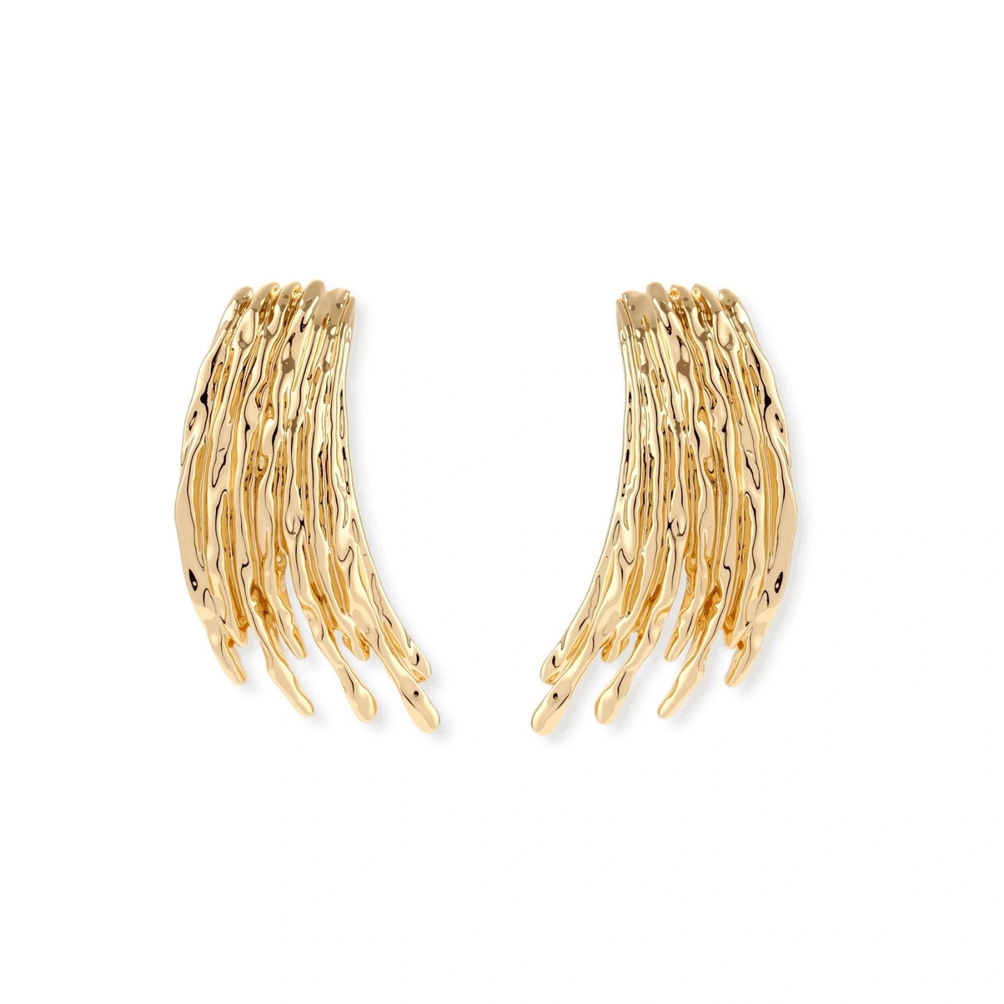 Flowing fringe earrings with cascading curved metal elements in gold tone, showing dimensional movement and sculptural design.