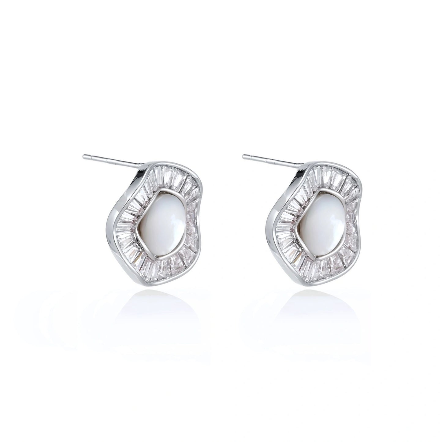 Round white gold-plated stud earrings with mother of pearl center and baguette crystal halo surround, 16.2mm diameter.