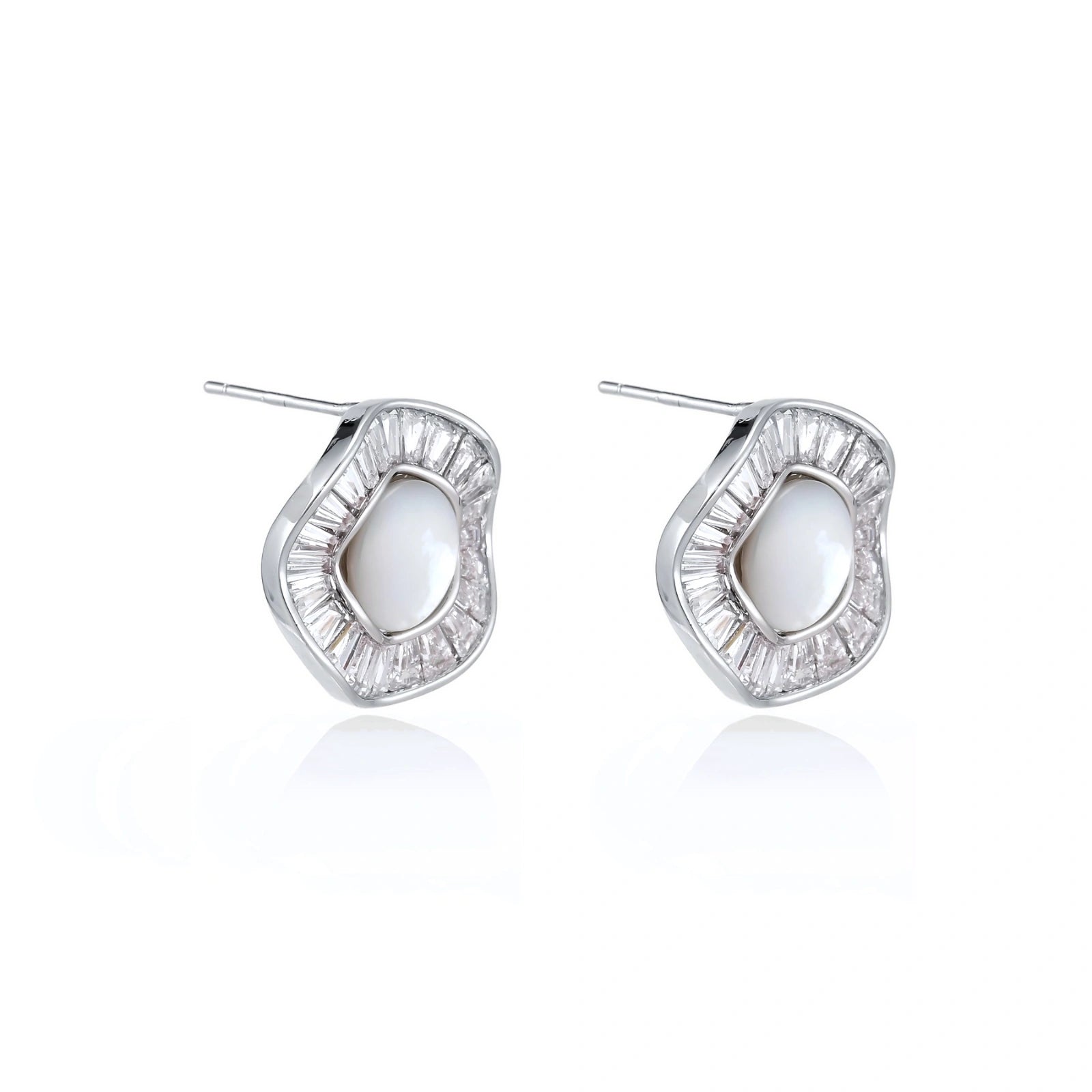 Round white gold-plated stud earrings with mother of pearl center and baguette crystal halo surround, 16.2mm diameter.
