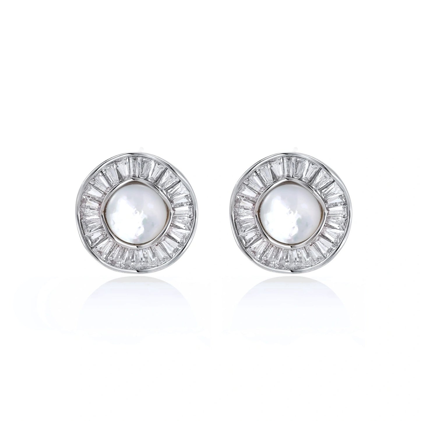 Round white gold-plated stud earrings with mother of pearl center and baguette crystal halo surround, 16.2mm diameter.