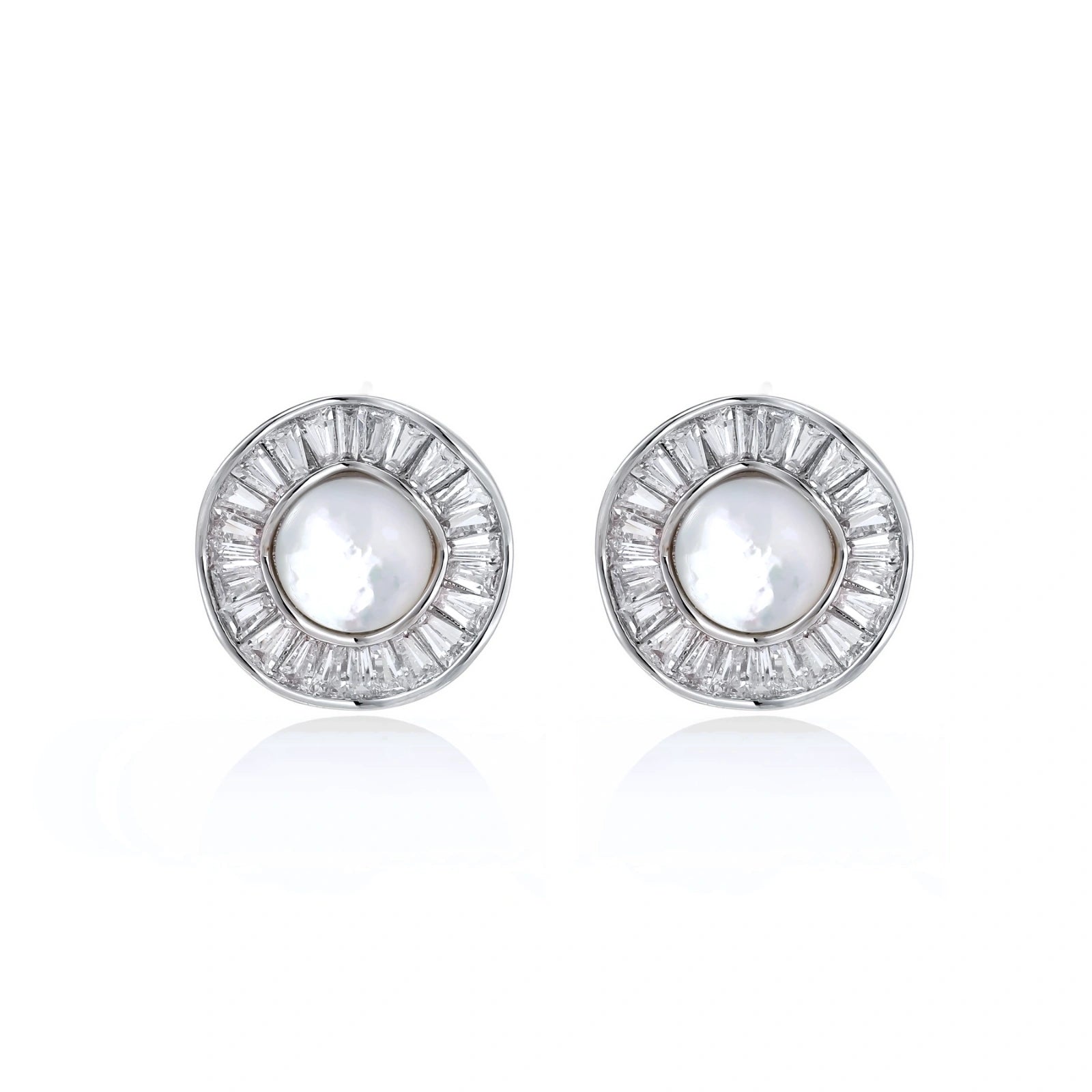 Round white gold-plated stud earrings with mother of pearl center and baguette crystal halo surround, 16.2mm diameter.
