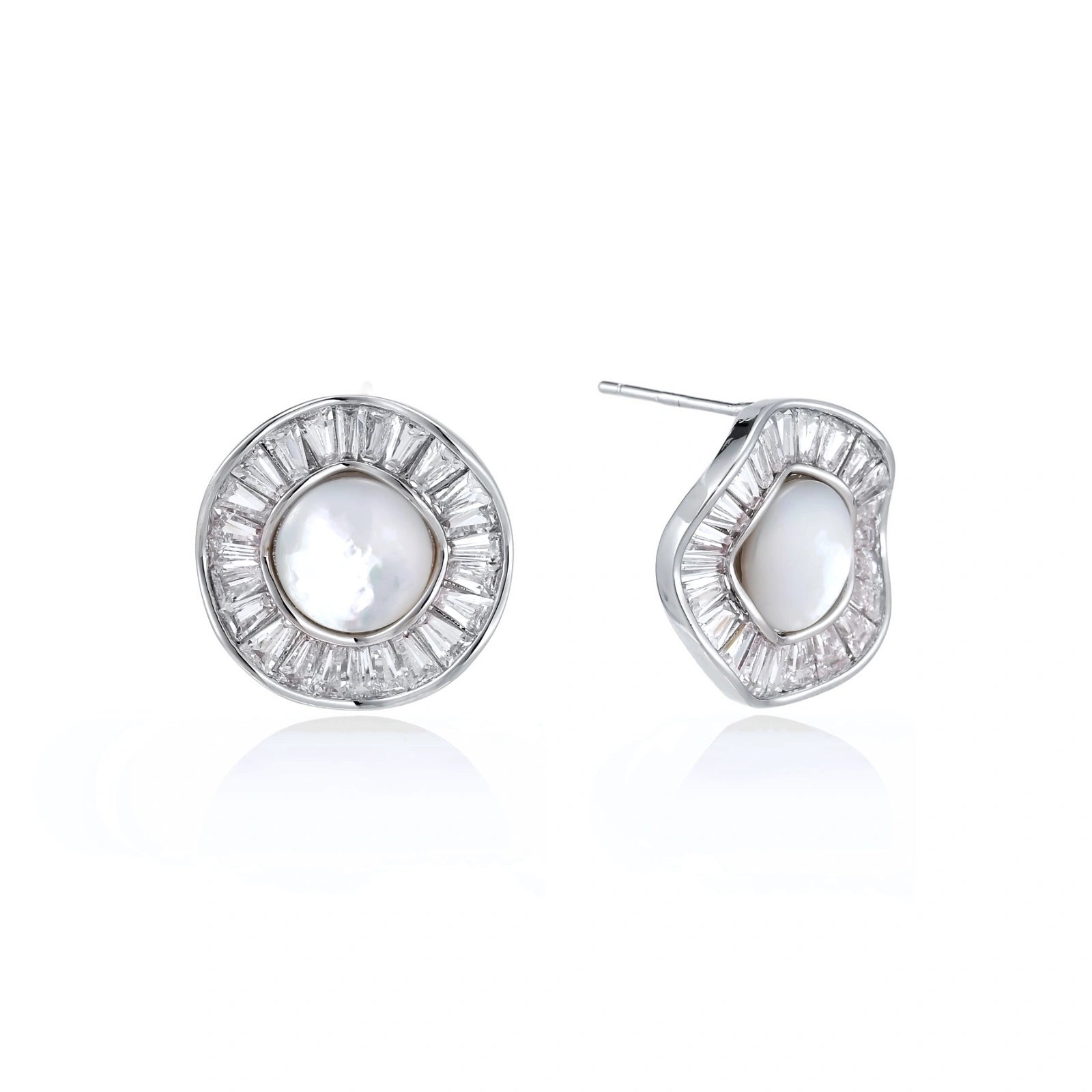 Round white gold-plated stud earrings with mother of pearl center and baguette crystal halo surround, 16.2mm diameter.