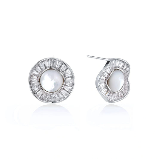 Round white gold-plated stud earrings with mother of pearl center and baguette crystal halo surround, 16.2mm diameter.