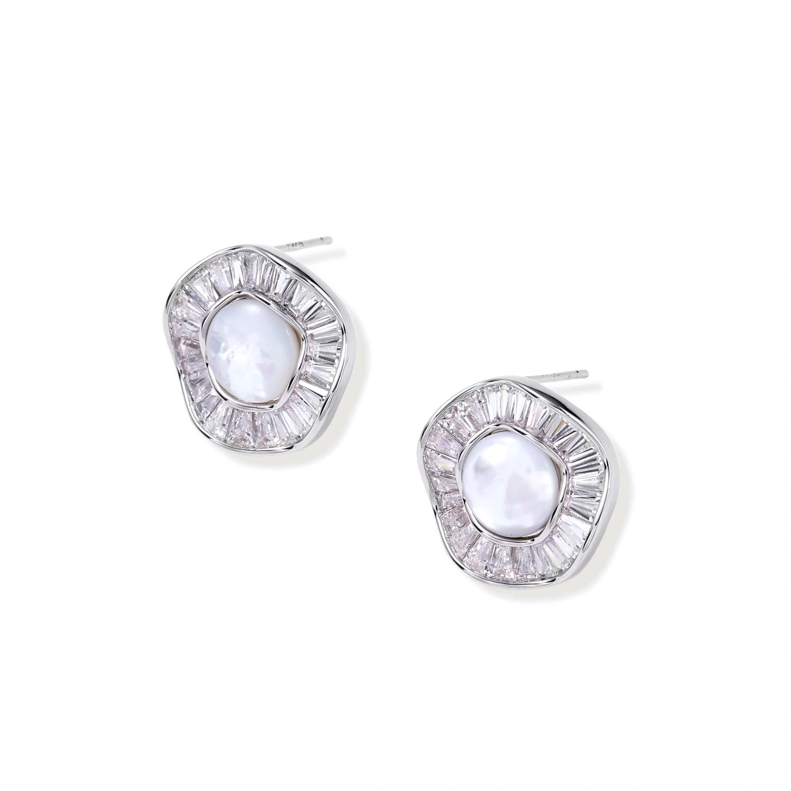 Round white gold-plated stud earrings with mother of pearl center and baguette crystal halo surround, 16.2mm diameter.