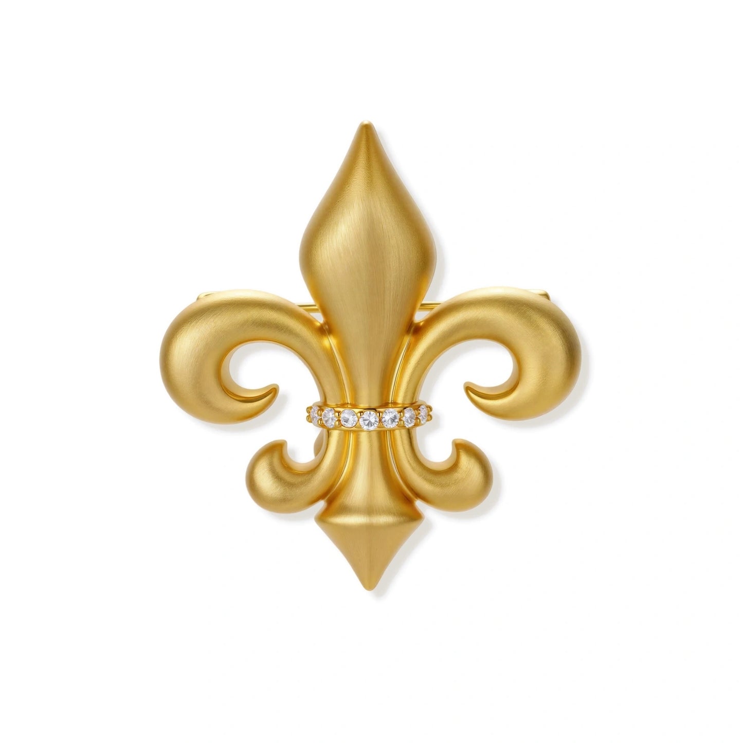Ornate gold-plated fleur-de-lis brooch with crystal band detail on white background, showing brushed metal finish.