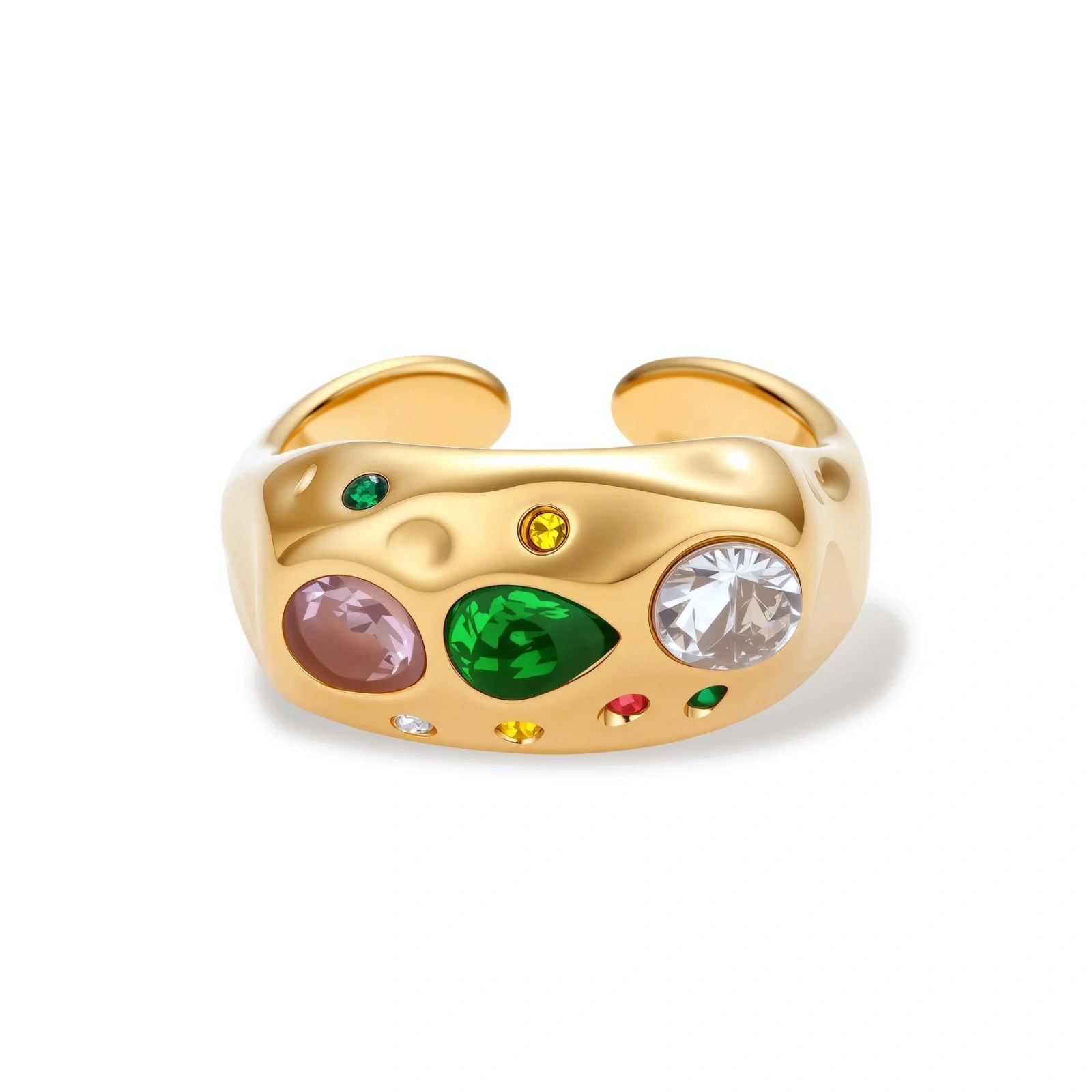 Gold-plated adjustable dome ring with pink, green, white, red, and yellow cubic zirconia stones on cream background.