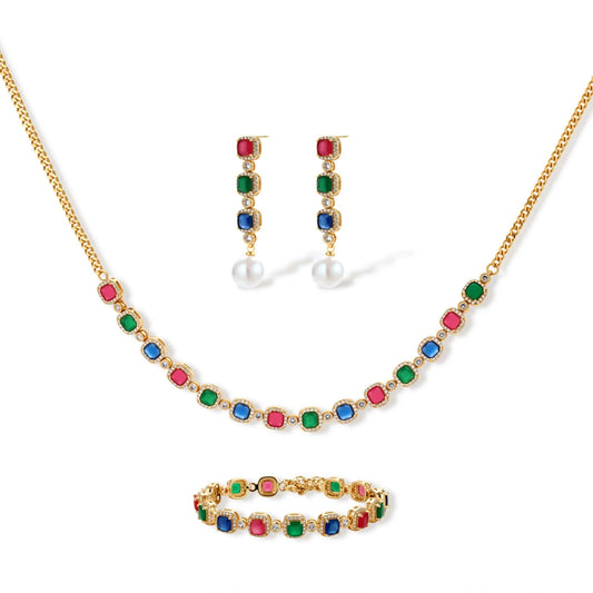Gold-plated jewelry set with red, green, and blue cubic zirconia stones including necklace, bracelet, and drop earrings.