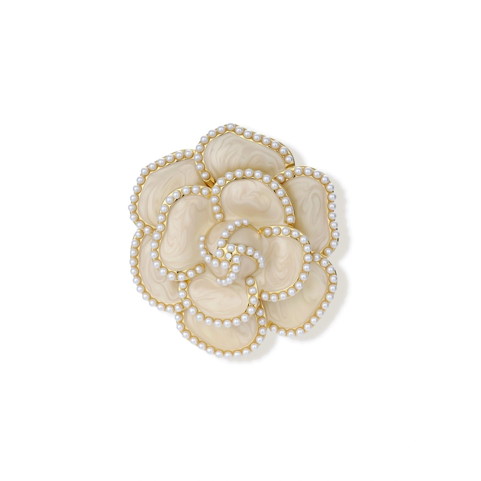 Elegant cream-colored rose brooch with gold plating, zirconia stones, and pearl-like border details on neutral background.