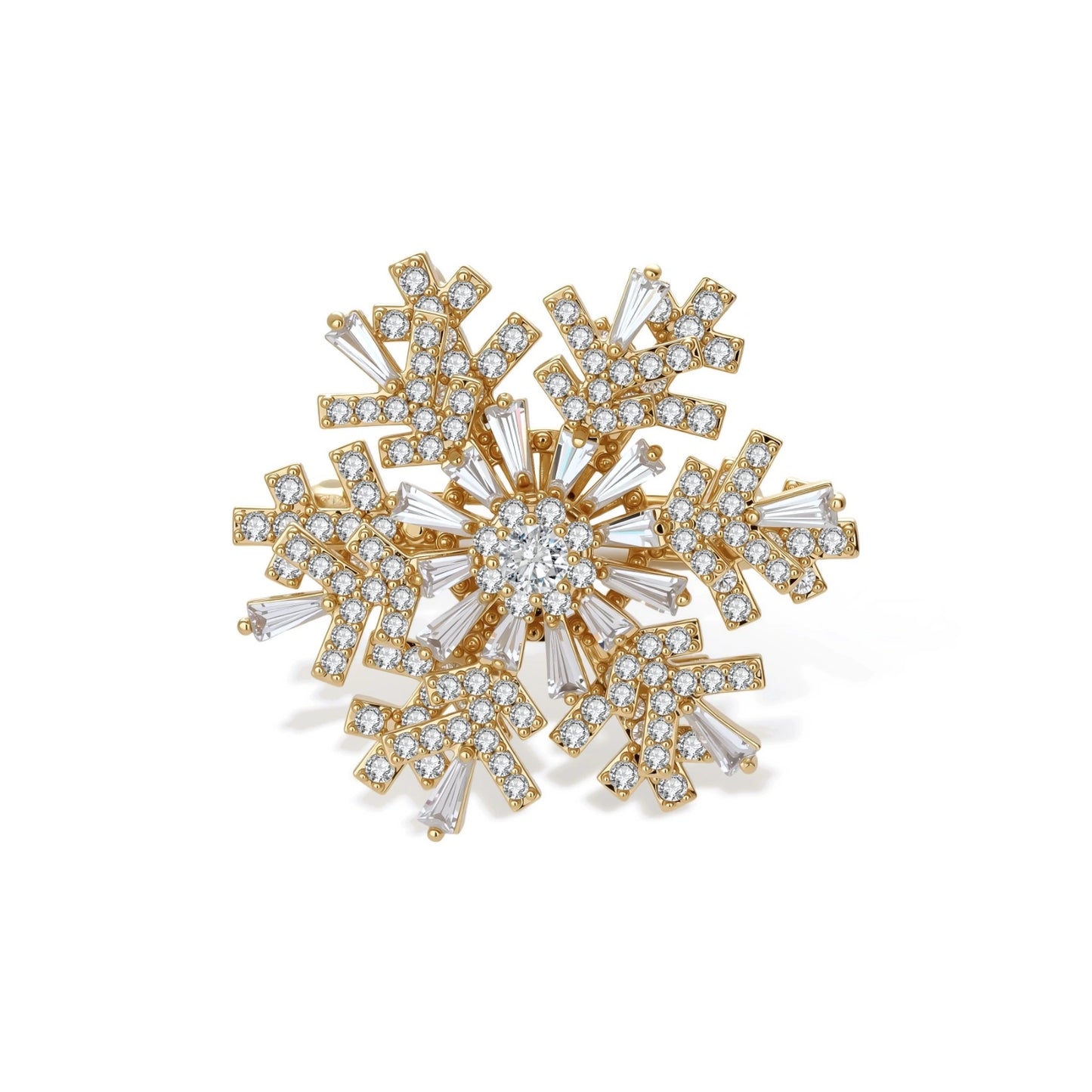 Geometric snowflake brooch with 14K gold-plated copper setting and clear zirconia crystals arranged in radiating pattern.