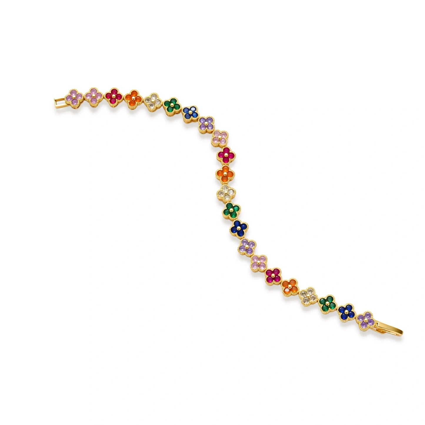 Colorful four-leaf clover jewelry set with rainbow cubic zirconia stones in gold-plated setting on white background