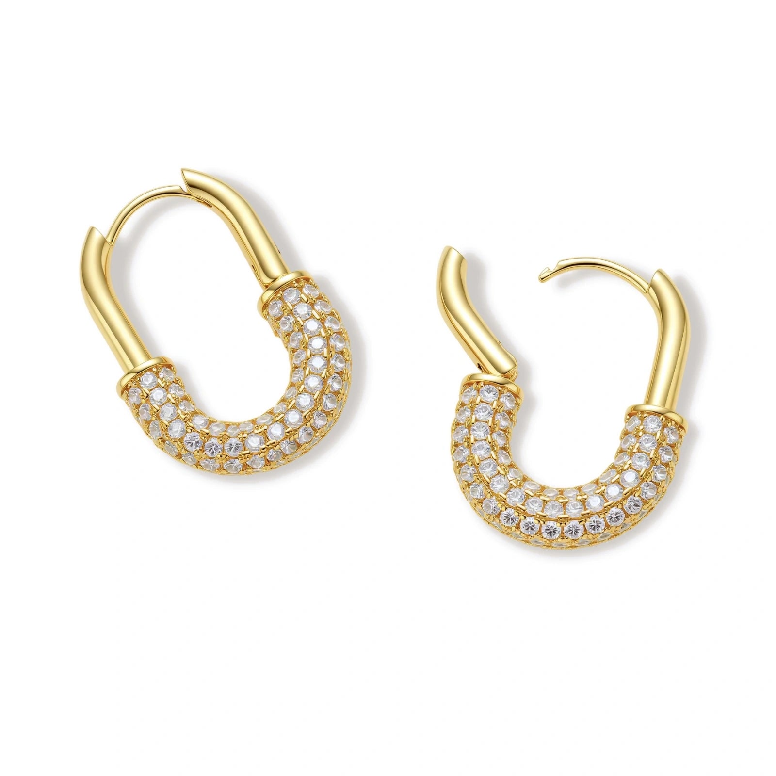 Gold-plated huggie hoop earrings with pavé zirconia stones covering the bottom curve, shown in open and closed positions.