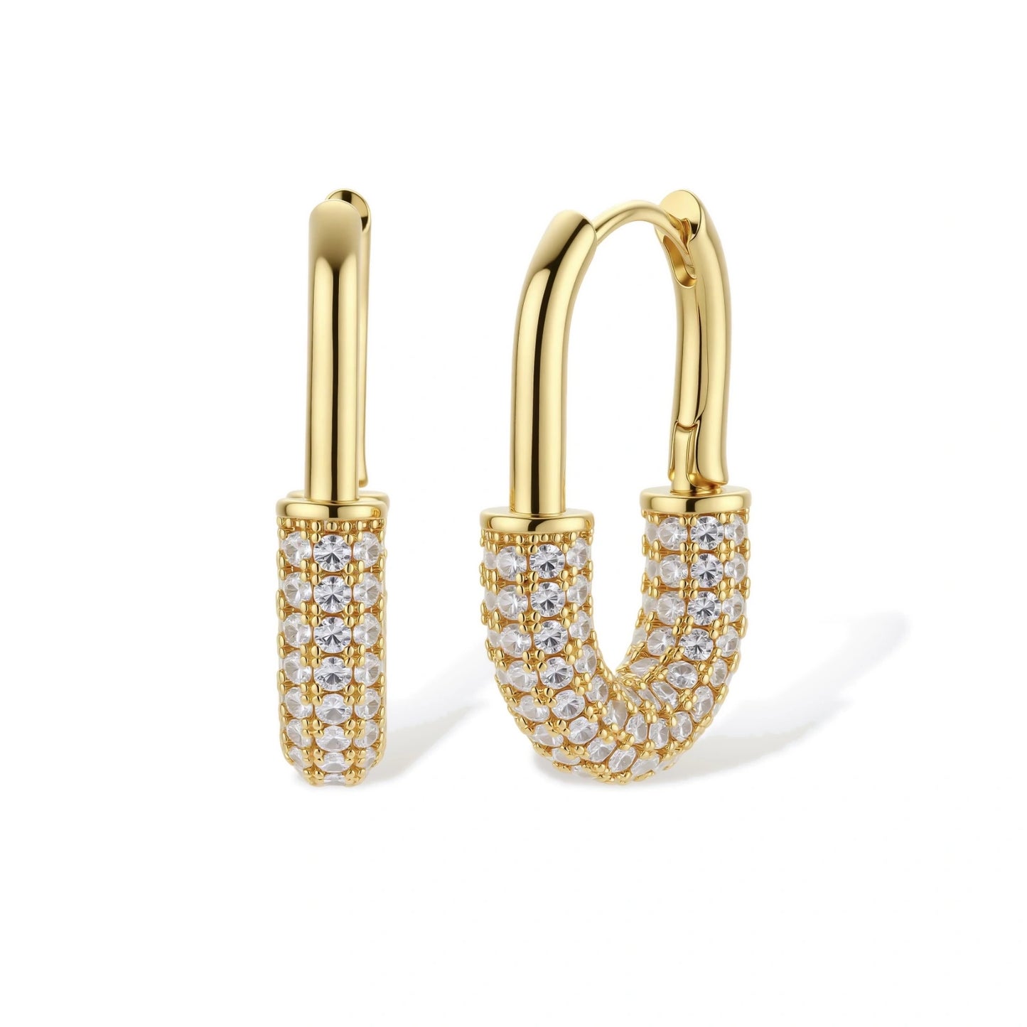 Gold-plated huggie hoop earrings with pavé zirconia stones covering the bottom curve, shown in open and closed positions.