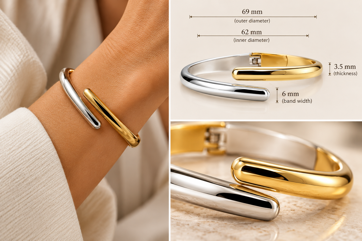 Duality Bypass Cuff shown on wrist with size measurements and close-up two-tone detail