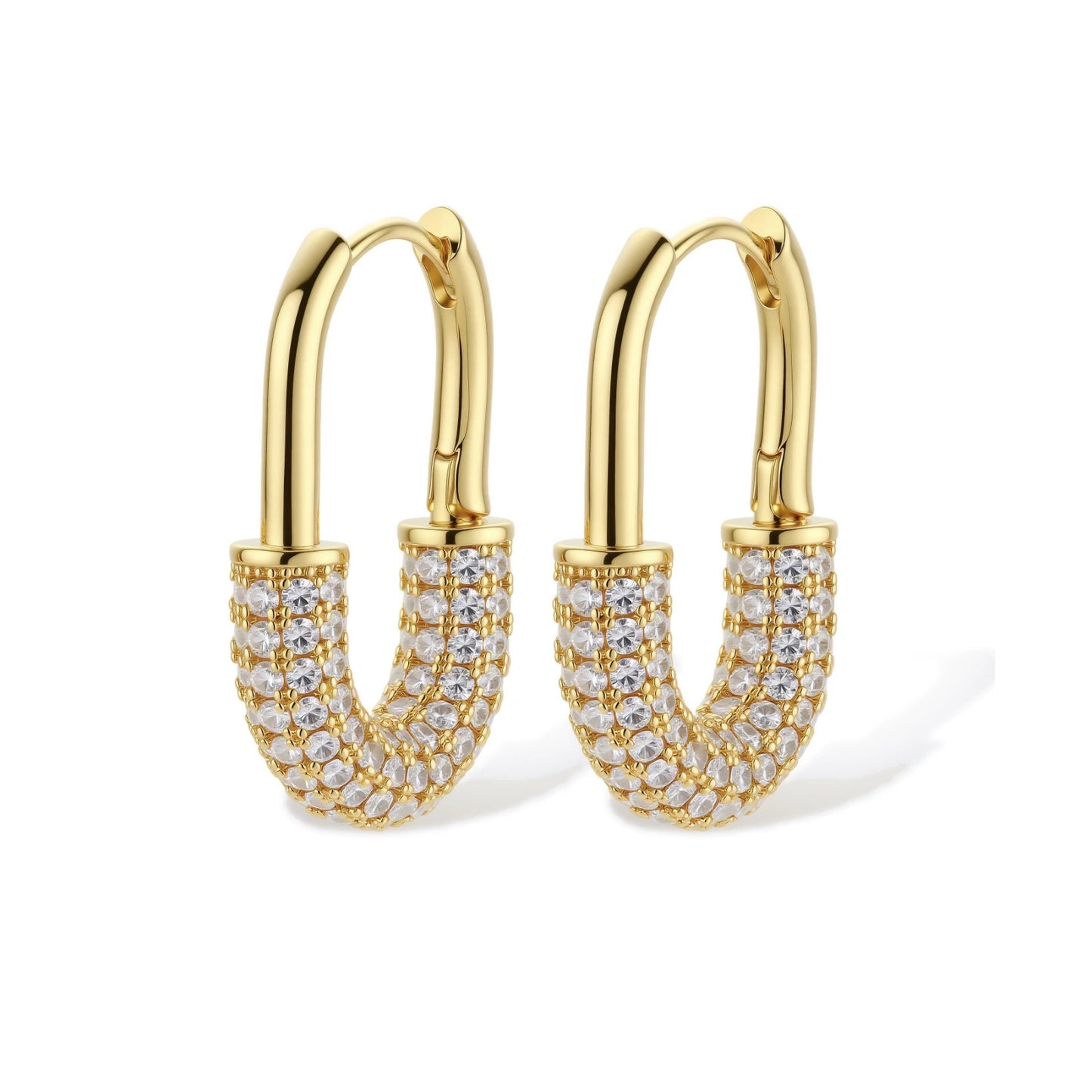 Gold-plated huggie hoop earrings with pavé zirconia stones covering the bottom curve, shown in open and closed positions.