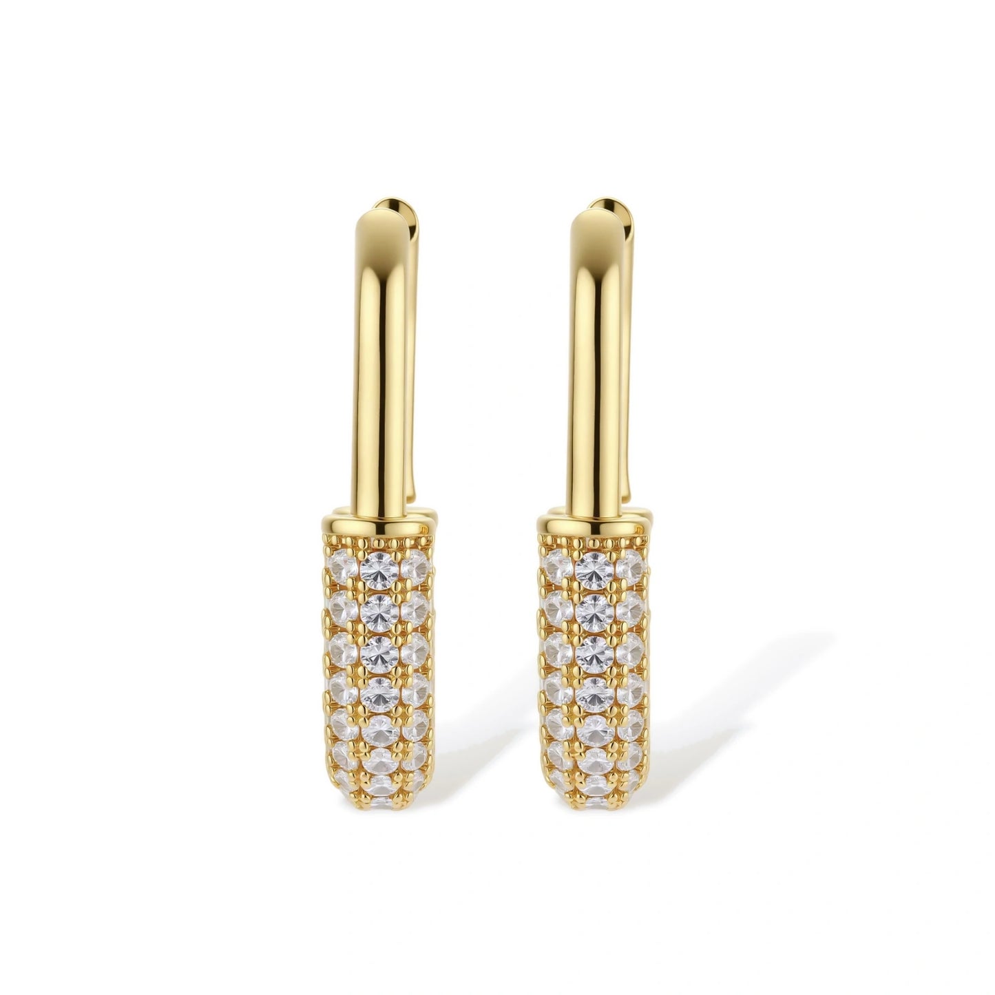 Gold-plated huggie hoop earrings with pavé zirconia stones covering the bottom curve, shown in open and closed positions.
