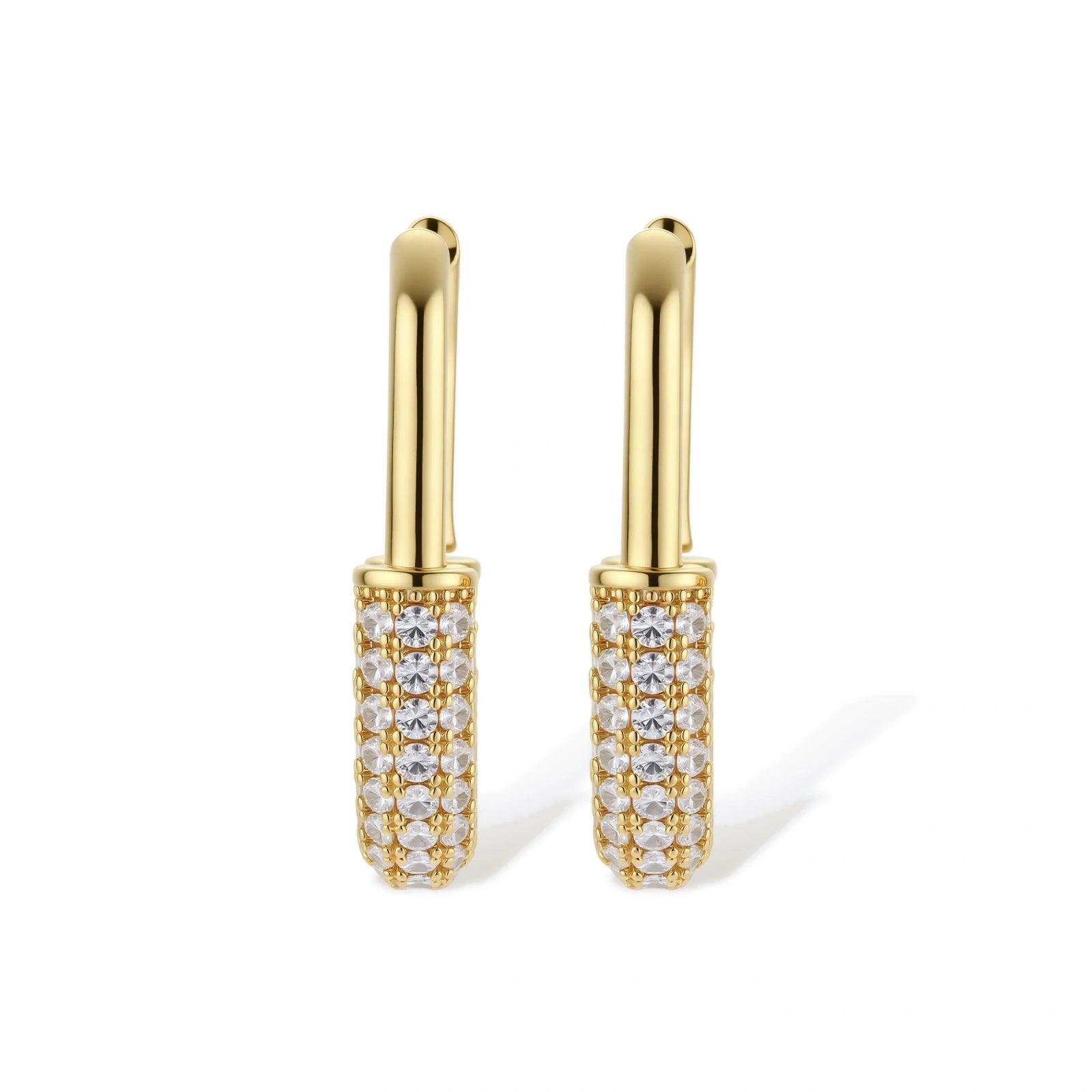 Gold-plated huggie hoop earrings with pavé zirconia stones covering the bottom curve, shown in open and closed positions.